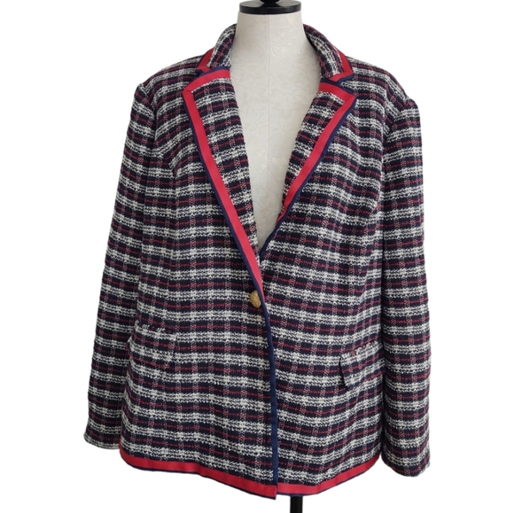 Court & Rowe Plaid Tweed Blazer Navy Blue Red Ribbon Trim Women's Size 18W - Picture 4 of 14